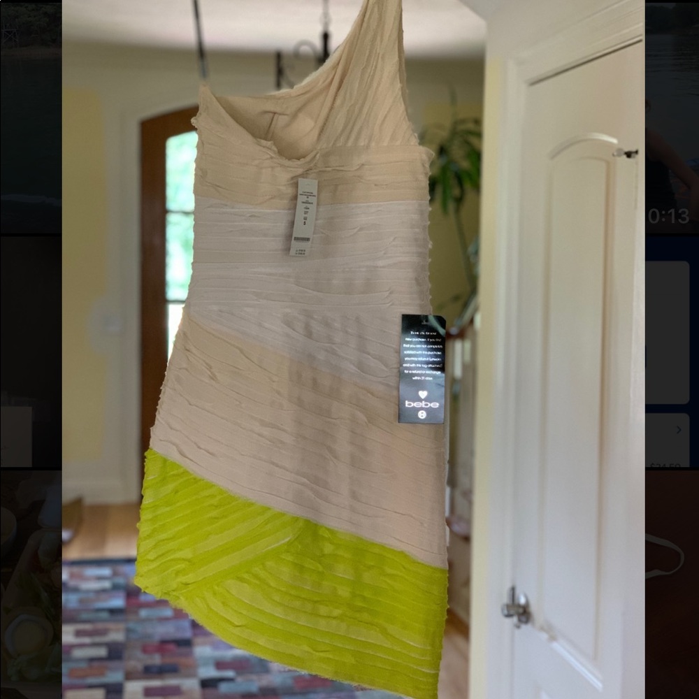 BEBE one shoulder cream & neon fitted dress